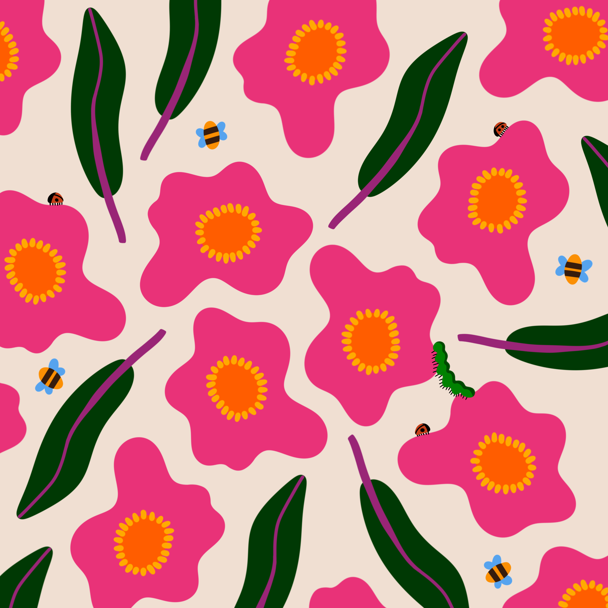 Kvadratisk illustration av rosa stora blommor, gröna glad, nyckelpigor, humlor och en larv.